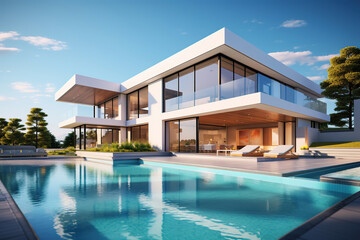 Fototapeta premium Modern minimalist cubic mansion with swimming pool