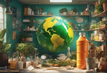 world map and globe on green background 3d illustration world map and globe on green background 3d illustration 3d rendering. earth concept. planet earth, green planet, globe, world map and green lea - obrazy, fototapety, plakaty