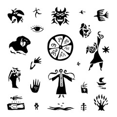 Naklejka premium shaman magician fairytale character , paganism ancient religion shamanism - vector icon set, isolated graphic silhouettes collection 