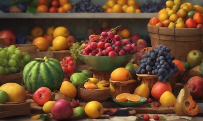 fresh fruits on table fresh fruits on table 3d illustration of fruits, berries and vegetables