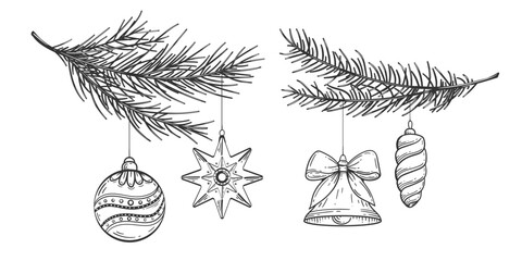 Fir branches with Christmas toys. New Year's toys on the tree. Holiday decorations ,drawing. Vector illustration.