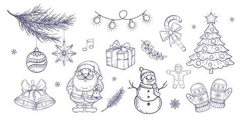 Set of Christmas drawings. New Year hand drawn decorations . Santa Claus ,gifts, snowman, Christmas tree. Vector illustration.