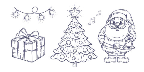 Santa Claus with a bell. Christmas tree with a gift. Set of Christmas drawings. New Year hand drawn decorations .Vector illustration.