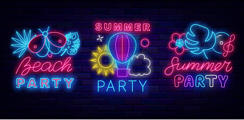 Summer party neon labels collection. Light advertising template. Hot air balloon, sun and clouds. Vector illustration