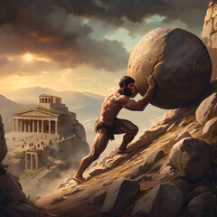 Illustration. Sisyphus rolls a round boulder up a steep slope. Sisyphean work. Repeating this action for eternity. Punished by Hades for cheating death twice. Ancient Greek mythology. Generative AI.