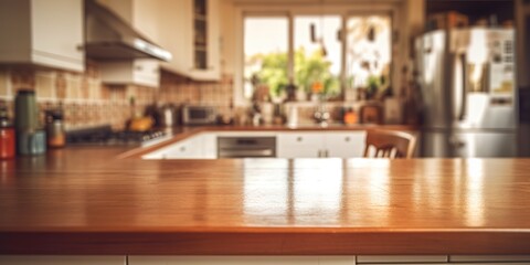 photo of a kitchen with a wooden table with a blur effect behind it. generative AI