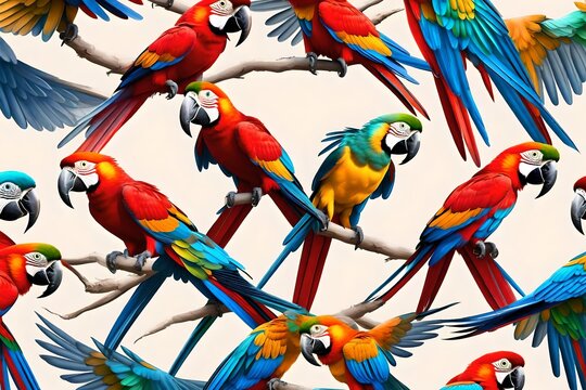 Macaw parrots are flying beautifully in bright colors on a transparent background. 