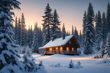 Beautiful winter  trees and a wooden house in a snowy 