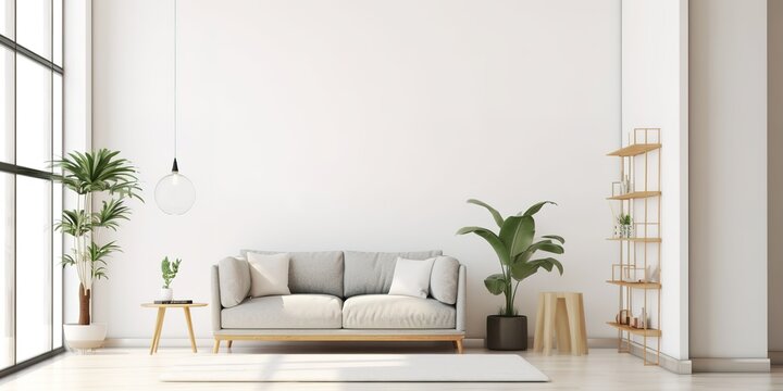 interior design with a sofa and decorative shelves beside it. generative AI