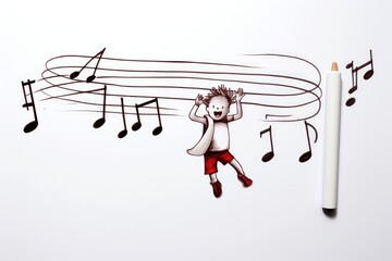 A sketch in a notebook captures a boy leaping with happiness, surrounded by musical notes, creating a symphony of boundless joy and youthful exuberance