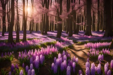 Spring glade in forest with flowering pink and purple hyacinths  nature. 