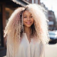 Stunning portrait of a young African american woman on the street with a authentic colored hair and afro hairstyle