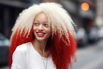 Stunning portrait of a young African american woman on the street with a authentic colored hair and afro hairstyle