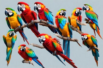 Macaw parrots are flying beautifully in bright colors on a transparent background. 