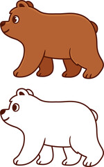 Cute cartoon baby bear drawing. Brown bear walking in profile view clip art illustration. Color drawing and black and while line art for coloring. 