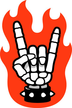 Skeleton hand making rock sign on fire. Heavy metal hand gesture in cartoon comic style. Music fan hand with spiked leather bracelet illustration.