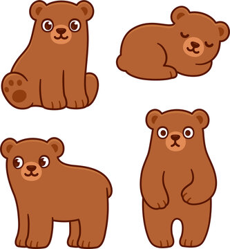 Cute cartoon brown bear cubs drawing set. Simple clip art illustration.