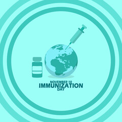 Syringe with vaccine vial, earth and bold text in circle frame on a light blue background to commemorate World Immunization Day on November 10