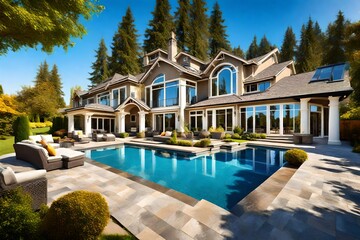Beautiful home exterior and large swimming pool on sunny day with blue sky.