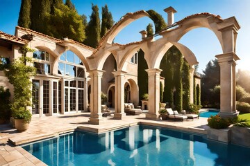 Beautiful home exterior and large swimming pool on sunny day with blue sky.