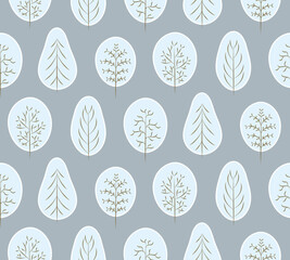 Winter pattern with cute trees in snow, christmas background.