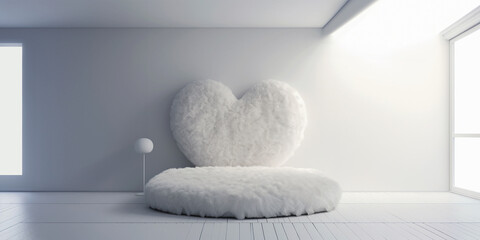 Panoramic interior view of minimal empty white room with white fluffy bed and heart headboard on the wall.