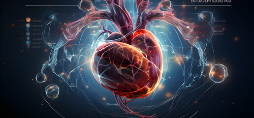 futuristic medical research or heart cardiology health care with diagnosis vitals infographic biometrics for clinical and hospital stethoscope and catheter services as wide banner with copy space area