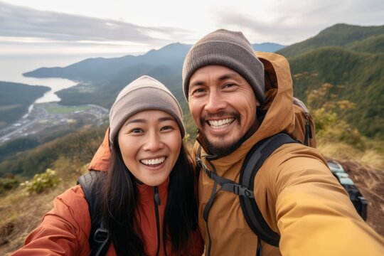 Couple of woman and man of different nationalities take selfie on their phone and smile at the top of the mountain