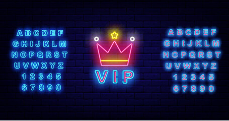 Vip neon label with pink crown. Very important person label. Shiny turquoise alphabet. Vector stock illustration - obrazy, fototapety, plakaty