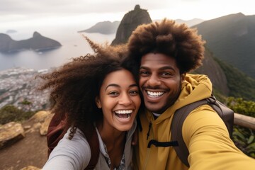 Couple of woman and man of different nationalities take selfie on their phone and smile at the top of the mountain - obrazy, fototapety, plakaty