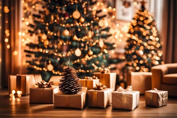 Beautiful blurred interior of a living room decorated for Christmas 