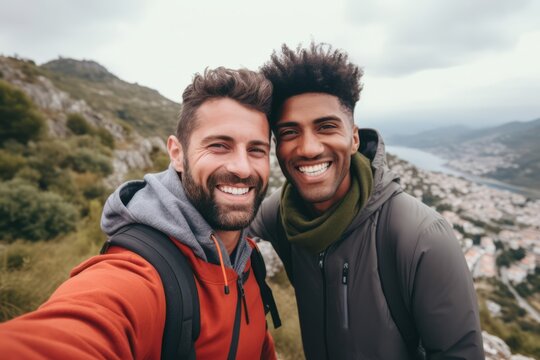Couple of men of different nationalities take selfie on their phone and smile at the top of the mountain