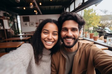 Couple of woman and man of different nationalities take selfie on their phone and smile while sitting in cafe