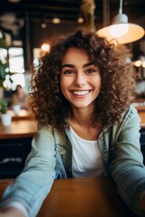 Beautiful young woman takes selfie on her phone while sitting in cafe