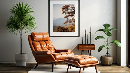 Sleek Contemporary Living. Sofa, Terra Cotta Lounge Chair, and Wall-Mounted Art Posters in Home Interior
