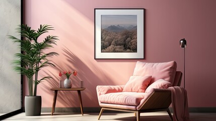 Sleek Contemporary Living. Sofa, Terra Cotta Lounge Chair, and Wall-Mounted Art Posters in Home Interior
