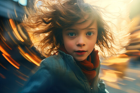 a boyl with hair flying in the wind, blurred lights in background, dynamic lines, candid.