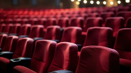 red chairs lined up inside a cinema, theater. generative AI