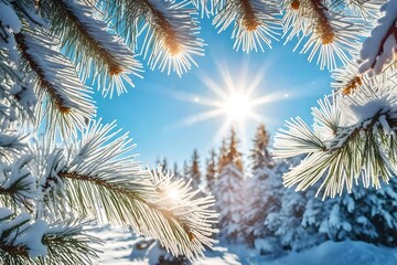 Winter bright background with snowy pine branches in the sun. Natural bright background