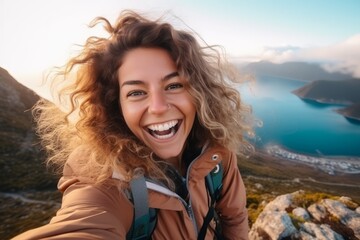 Woman glasses takes selfie on top of mountain and smiles, happy woman