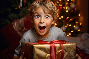 Excited little boy holding Christmas present on Christmas night - obrazy, fototapety, plakaty