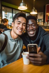 Men of different nationalities friends smile and take selfies on a phone camera from a cafe