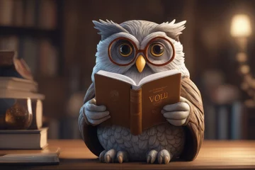 Poster owl reading book on wooden table owl reading book on wooden table owl with book and glasses on wooden background © Shubham