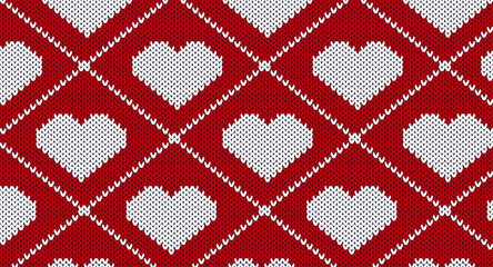 White heart knitted pattern, Festive Sweater Design. Seamless Knitted Pattern, Christmas concept. - obrazy, fototapety, plakaty