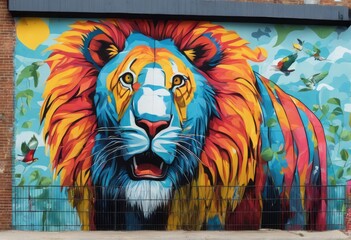 lion in the city lion in the city beautiful shot of a colorful painted lion with a red brick wall