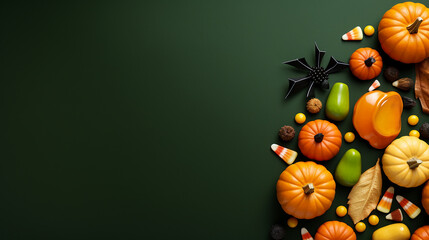 Modern Halloween background with natural pumpkins, autumn leaves, candy corn, bats, and decorations isolated on a green background