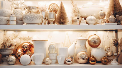The shelves of a Christmas décor store. Christmas tree balls and decorations in white and gold...