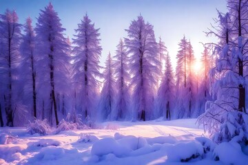 beautiful winter landscape with forest, trees and sunrise. winterly morning of a new day. purple winter landscape with sunset 