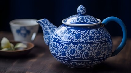 White and blue porcelains teapot and tea cup