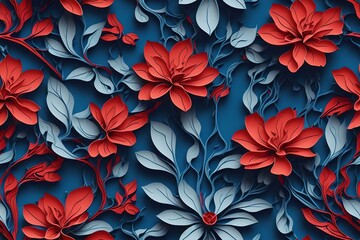 Elegant floral pattern tile ready with bold red and soft white blooms on deep blue. Intricate tendrils intertwine, botanical artistry and vibrant contrast,  floral pattern featuring bold red and blue - obrazy, fototapety, plakaty